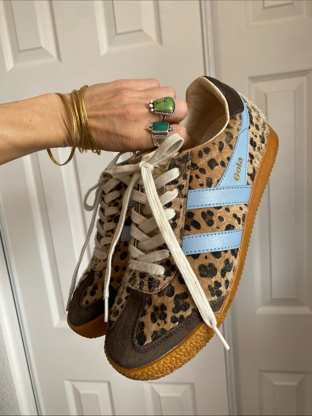 Gola Womens Leopard Print Sneakers with Light Blue Stripes and leopard print fur